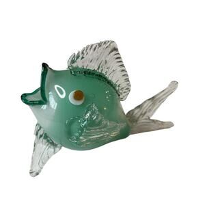 Vintage Murano Style Glass Fish Figurine Green Clear Hand Blown Sculpture Art